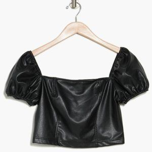 Avec Les Filles Puff Sleeve Faux Leather Crop Top